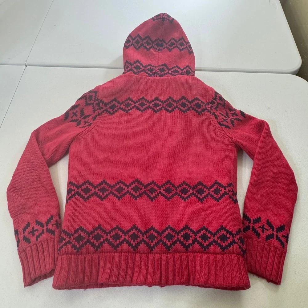 Y2K YISHION Red Reindeer Fair Isle Knit Hoodie Faux Fur Lined girl sz S‎ Holiday
